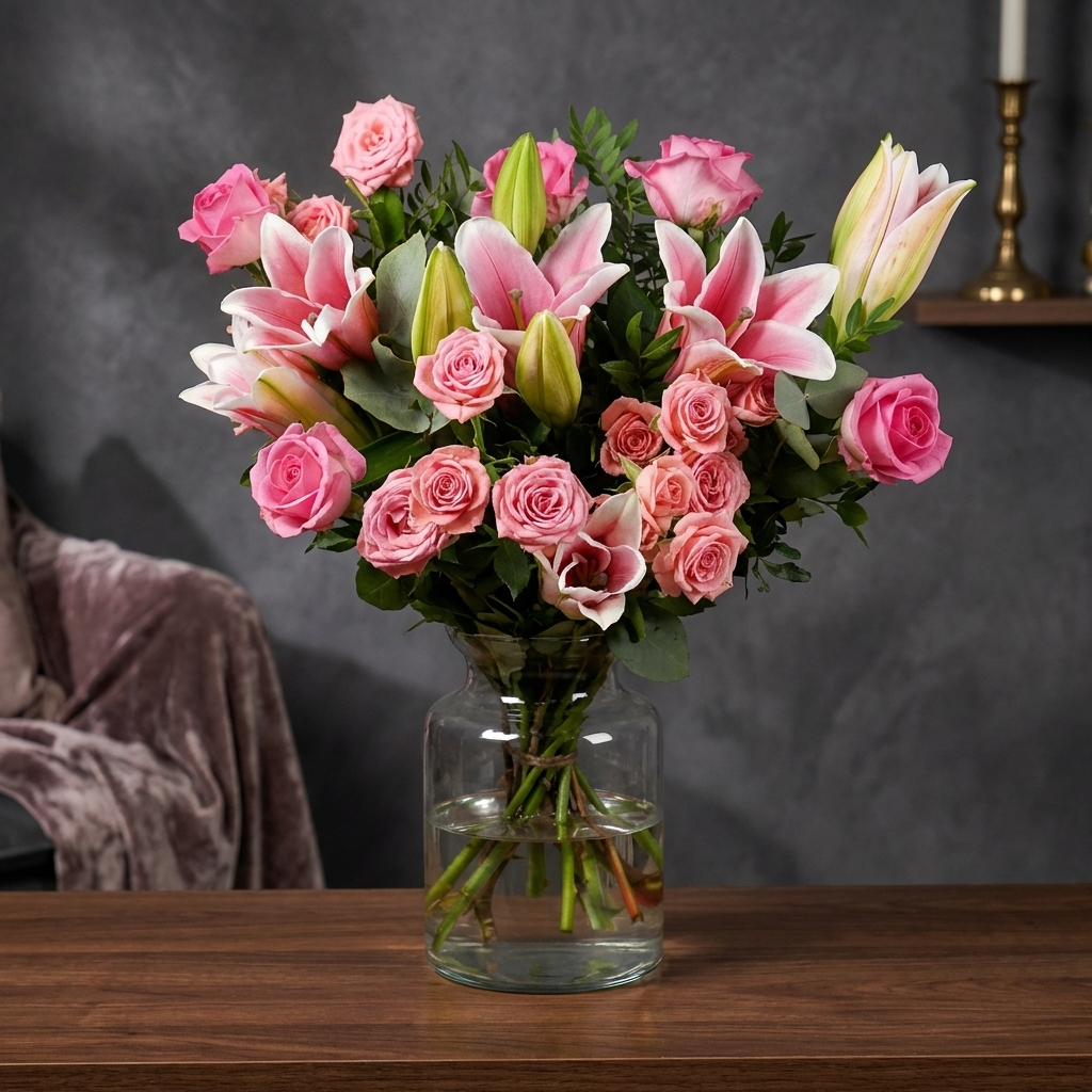 Pink flower bouquet in a glass vase